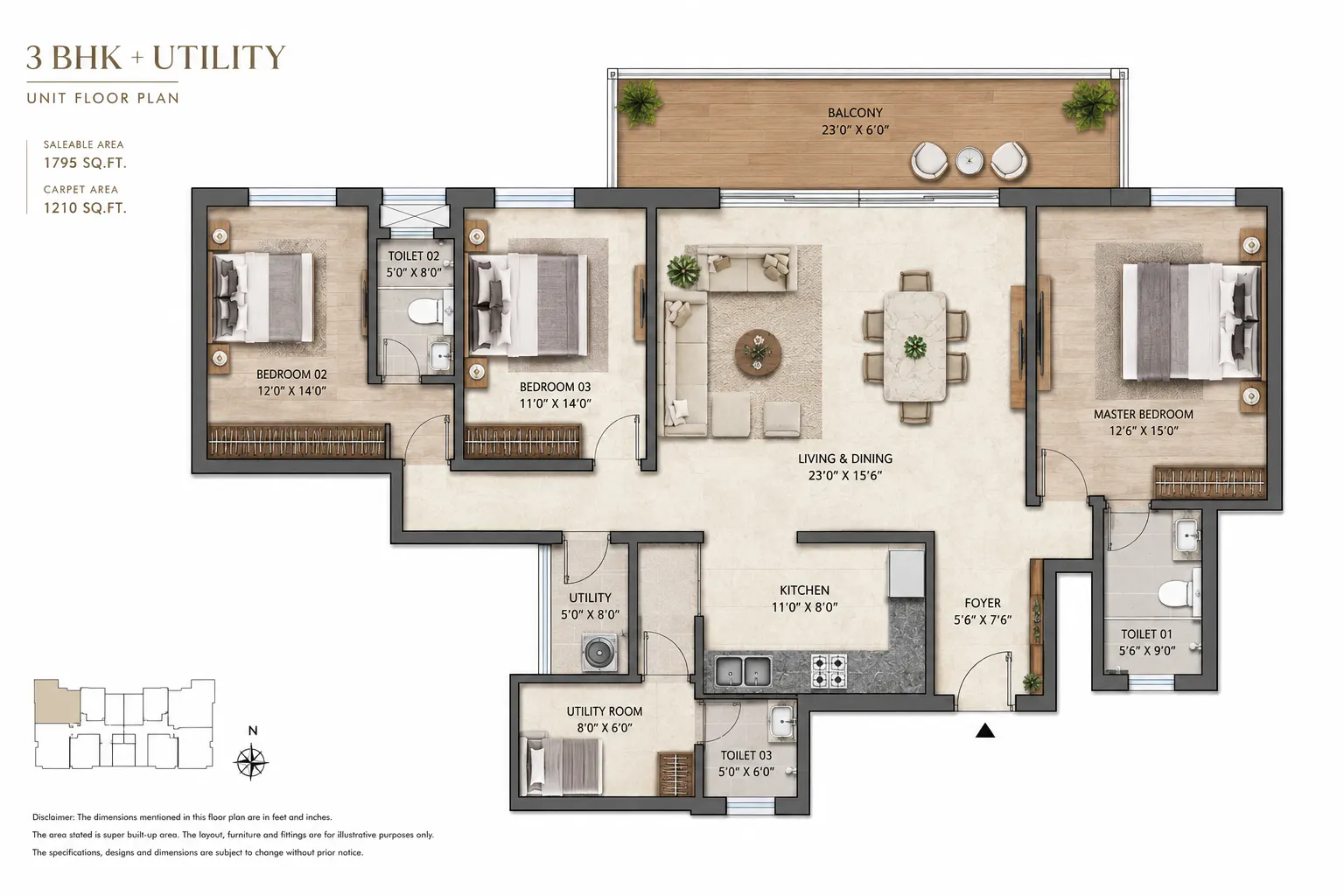 Godrej Verano 3 BHK + Utility Floor Plan